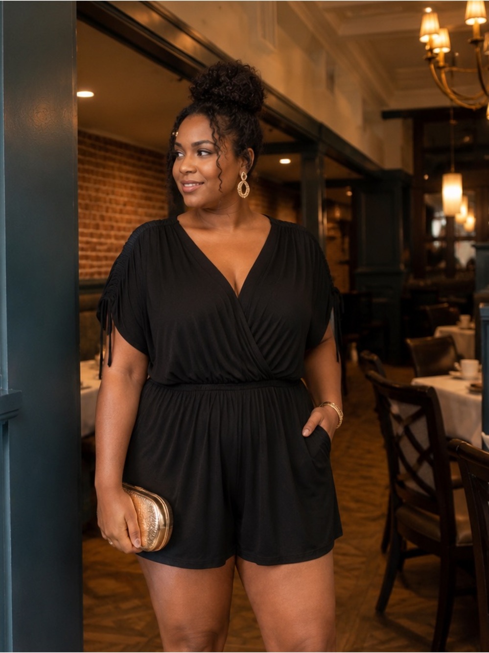 Lane Bryant Black Surplice Romper 14/16 Plus Size Ruched Tie Sleeve NWOT